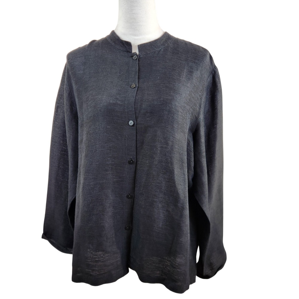 Eileen Fisher XL Black Linen Cotton Blend Button Up Mandarin Collar Shirt